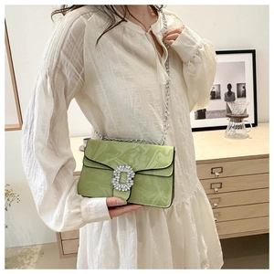 Detail of light green crossbody bag with sparkling crystal buckle and silver chain strap