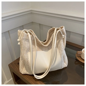 Women Large Straw Woven Tote Bag And Small Pouch Vintage Pastoral Shoulder Bag With PU Leather Pocket Beach Travel Bag
