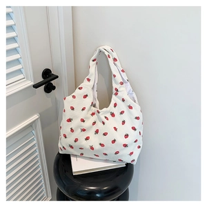 Borsa Tote da Donna Casual in Velluto a Coste Stampa Fragola Tulipano Arcobaleno Grande Capacità Borsa a Tracolla Leggera