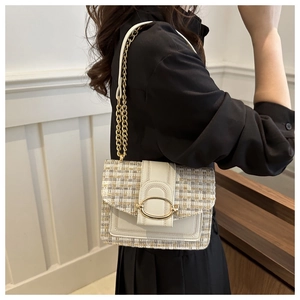Detail of beige and gold tweed chain bag with white leather trim and metal clasp