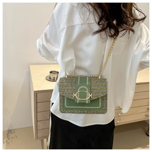 Detail of green tweed woven flap bag with gold chain strap worn by a model