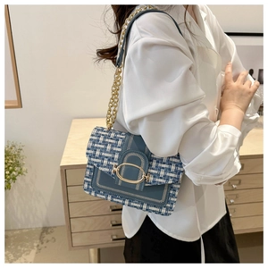 Blue and white tweed chain bag worn by model in a soft minimalist indoor setting