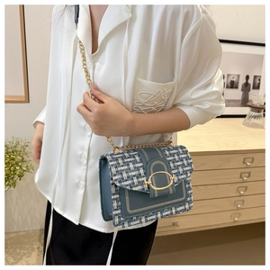 Blue and white tweed chain bag with gold horsebit buckle detail on white shirt