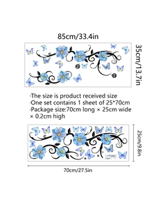 Detail showing dimensions of blue flower and butterfly wall decal on white background