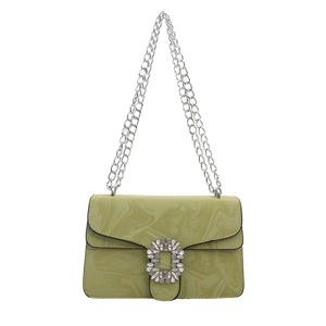 Grass green marble pattern crossbody bag with rhinestone buckle and silver chain strap