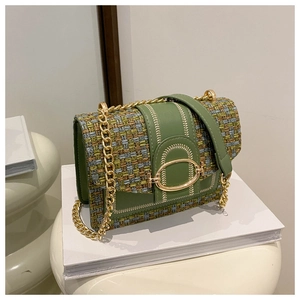 Vintage green tweed and leather shoulder bag with gold chain and woven texture