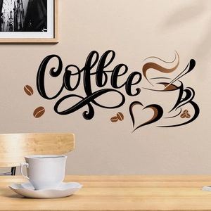 Artistic coffee cup wall sticker with script text and beans for cafe home decor