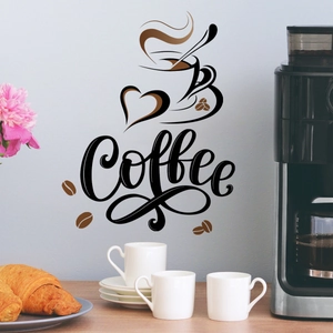 Detail of self-adhesive coffee wall stickers with cups and beans in a modern kitchen