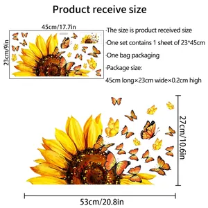 Size guide for sunflower and butterfly window stickers showing dimensions for home decor