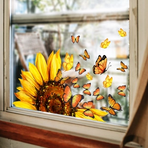 Vibrant sunflower and butterfly window decals set for glass door home wall decoration