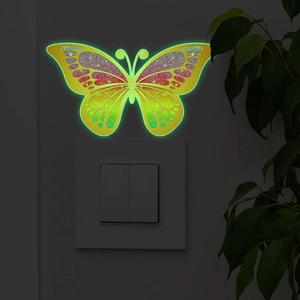 Lichtgevende vlinder schakelaarsticker met regenboogglitter en groen neon lichteffect