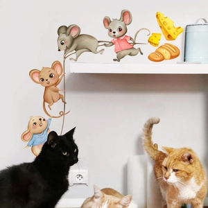 Charming cartoon mouse wall stickers featuring cute mice, cheese and cats in a room