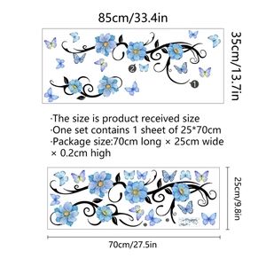 Floral butterfly wall sticker dimensions showing 85x35cm layout and 70x25cm sheet size