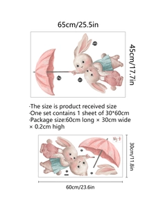 Cartoon rabbit and pink umbrella wall sticker set showing dimensions 65x45cm on white background