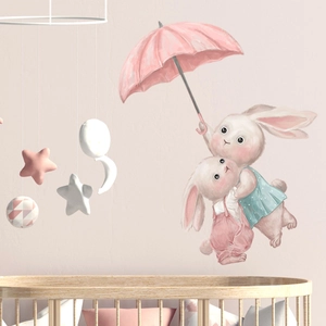 Cute Cartoon Rabbits Pink Umbrella Wall Stickers Waterproof PVC Decals Nursery Kids Room Decor Watercolor Style