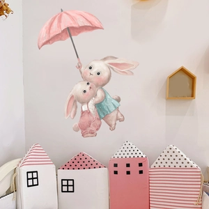 Cartoon rabbit wall sticker with umbrella for kids room decoration in soft colors