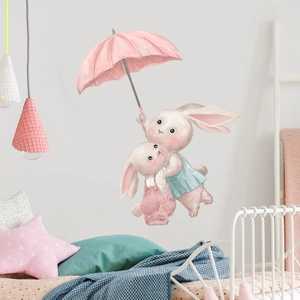 Hand-painted rabbit wall decal with pink umbrella for nursery and kids bedroom decor