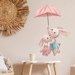 Detail of cute watercolor bunny rabbits with pink umbrella wall sticker for nursery decor