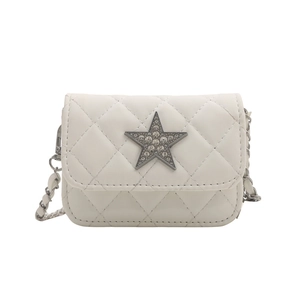 Quilted white mini crossbody bag with diamond star embellishment and silver chain strap