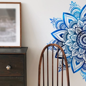 Sticker mural mandala bleu élégant pour salon avec motif géométrique de style bohème