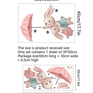 Cute pink bunny wall stickers with umbrella decor for nursery room 65x45cm