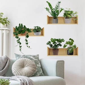 Adesivi Murali Piante In Vaso PVC Autoadesivi Piante Verdi Su Scaffali Di Legno Decalcomanie Per Soggiorno Camera Da Letto