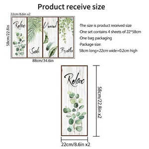 Size chart for green leaf wall stickers showing 88x58cm dimensions and relaxing text