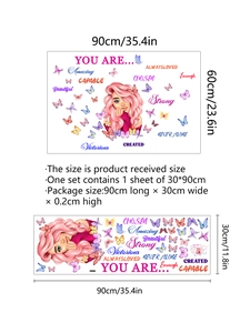 Vue détaillée sticker mural fille et papillons avec guide de taille 90x60cm