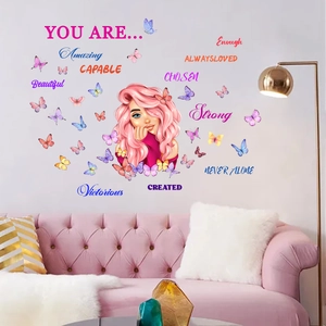 Stickers Muraux Motivants Fille Dessin Animé Papillon Citations Inspirantes PVC Amovible Autocollant Décoration Chambre