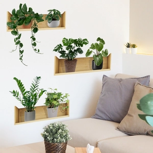 Set di tre mensole da parete in legno a forma di U con piante verdi per decorazioni
