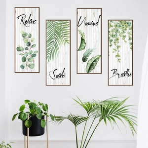 Set of 4 botanical wall decals with Relax Soak Unwind Breathe quotes on white wood grain