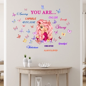 Détails d'autocollants muraux fille dessin animé avec papillons et mots de motivation