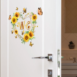 Sticker mural cœur floral avec tournesol papillon et signe WC sur porte blanche