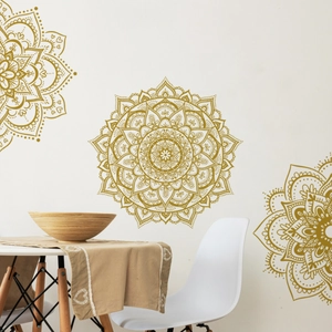 Golden mandala wall stickers with intricate floral patterns for bohemian home decor