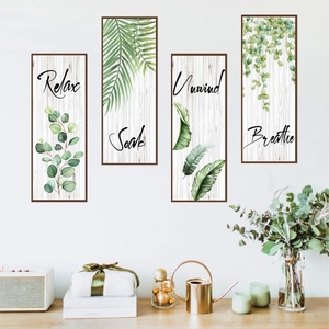 Set of 4 green plant leaf wall art with Relax Soak Unwind Breathe quotes on wood texture