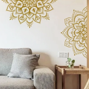 Golden mandala wall decals for living room decor featuring full and half circle designs