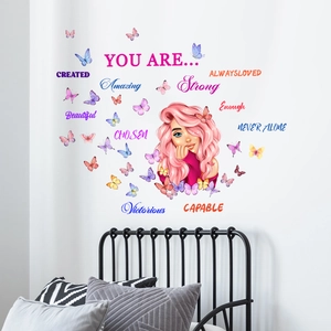 Stickers muraux avec petite fille, papillons et citations inspirantes en anglais décoratifs