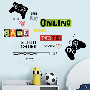 Macro detail of gaming wall decals with gamepads and loading bar for gaming room decor