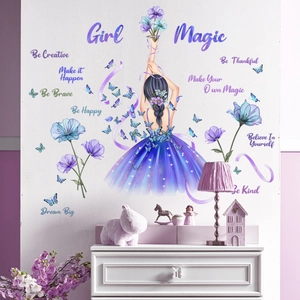 Stickers Muraux Girl Magic PVC Autocollant Fleur Papillon Citations Inspirantes Décoration Chambre Rêveuse Violet
