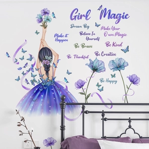 Stickers muraux fille avec fleurs et papillons pour la décoration d'une chambre