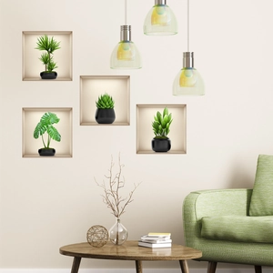 Lot de 4 stickers muraux 3D plantes vertes autocollants pour déco de salon moderne