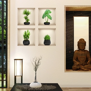 Détail de stickers muraux 3D avec plantes vertes et Bouddha Zen dans des niches