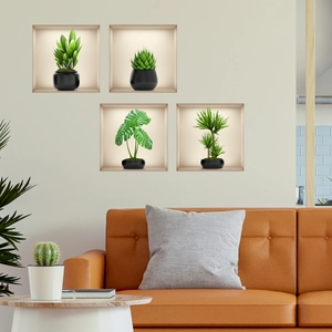 Stickers muraux 3D avec plantes vertes en pots dans des niches pour salon moderne