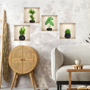 Détail de quatre autocollants muraux 3D de plantes en pot avec ombres réalistes