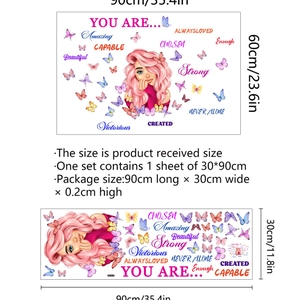 Sticker mural fille de dessin animé et papillons avec citations inspirantes