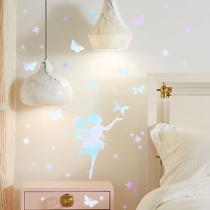 Luminous fairy and butterfly wall stickers with colorful stars for bedroom decoration
