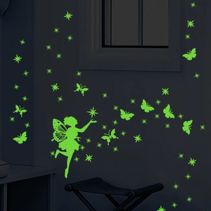 Luminous wall stickers set with glowing fairy, butterflies and stars for bedroom decor