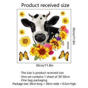 Detail showing 30x30cm cow sunflower butterfly wall sticker layout and dimensions
