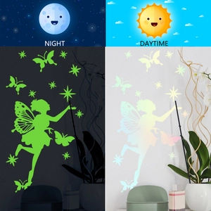 Luminous wall stickers set showing fairy, butterfly, and stars in day and night glow view