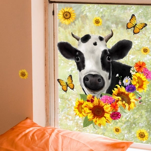 Cow and sunflower static window stickers for home glass decoration with butterflies